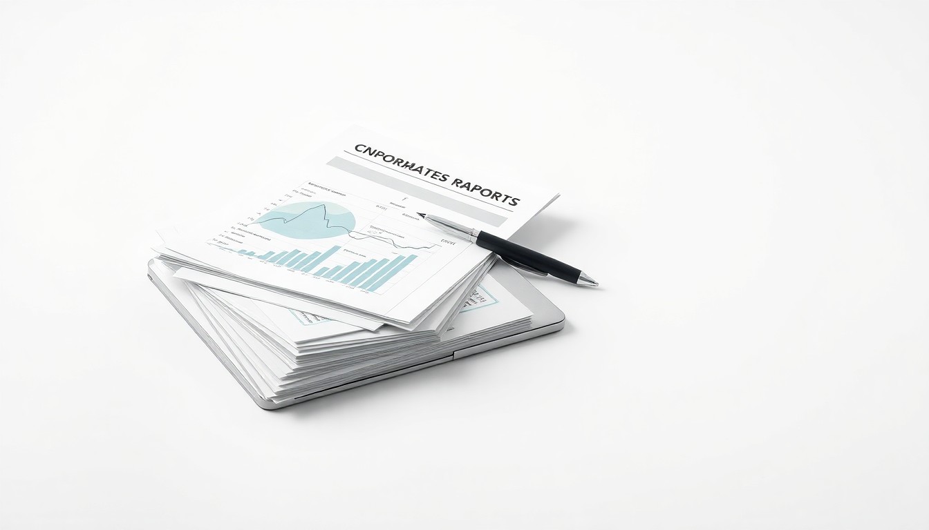 A high-end, photorealistic studio still-life photograph featuring a stack of financial reports, a laptop, and a pen arranged on a clean, monochromatic background, conveying the abstract concepts of corporate strategy and market performance.