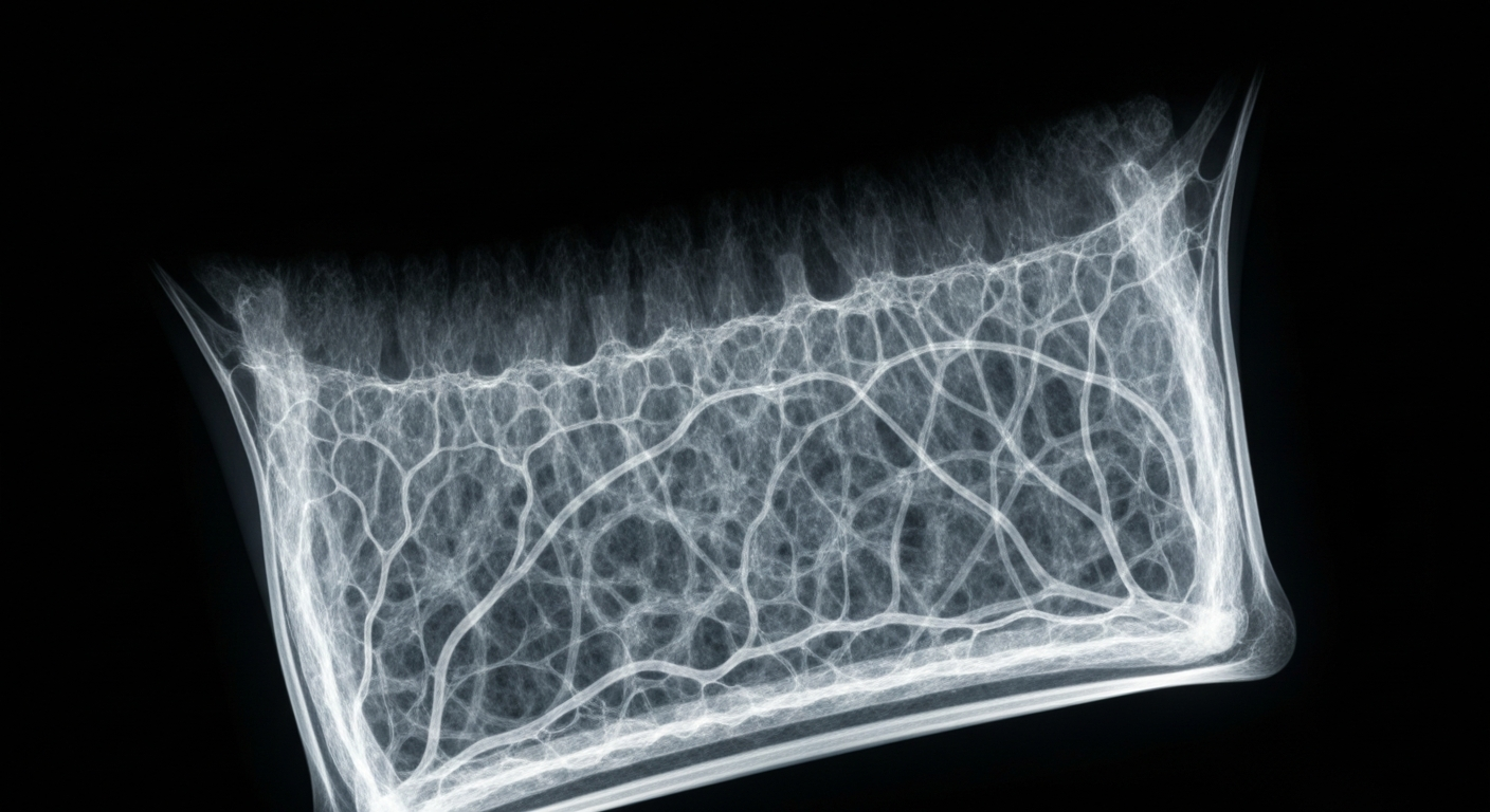 A ghostly, translucent X-ray photograph revealing the intricate internal structure of a human skin graft, with a delicate network of tissues and vessels glowing against a dark background, conceptually representing the potential of advanced wound care solutions to enable rapid healing.