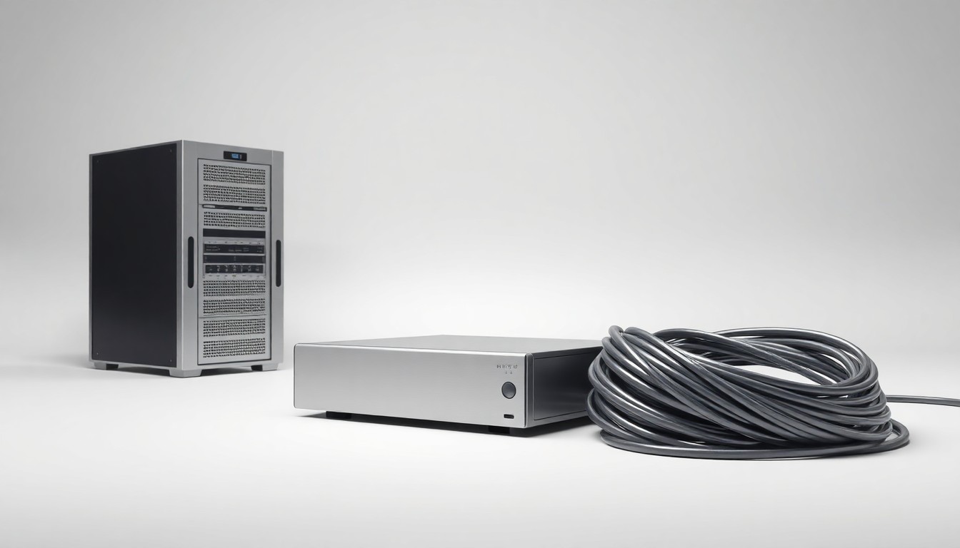 A photorealistic studio photograph featuring a sleek data server rack, a polished power distribution unit, and a coiled fiber optic cable, arranged elegantly on a clean, monochromatic background to symbolize the infrastructure needed for the next generation of AI technology.