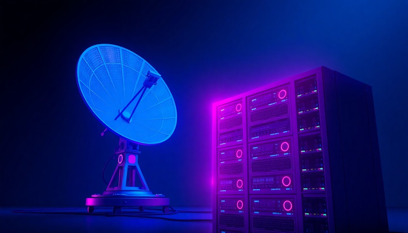 A highly detailed, glowing 3D illustration of a satellite dish and data server rack, emitting neon cyan and magenta lights to represent the advanced connectivity technology powering NextPlat's IoT solutions.