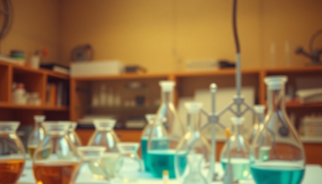 An abstract, out-of-focus photograph in warm, muted tones depicting a laboratory setting with scientific equipment and glassware, conveying the atmosphere of academic research.