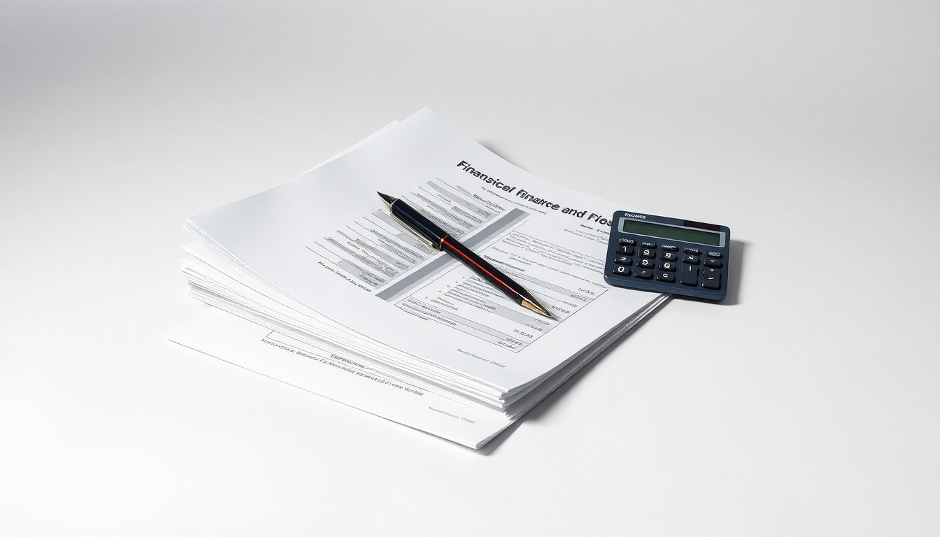 A photorealistic studio still life featuring a stack of financial reports, a pen, and a calculator arranged elegantly on a clean white background, conceptually representing corporate finance and market performance.