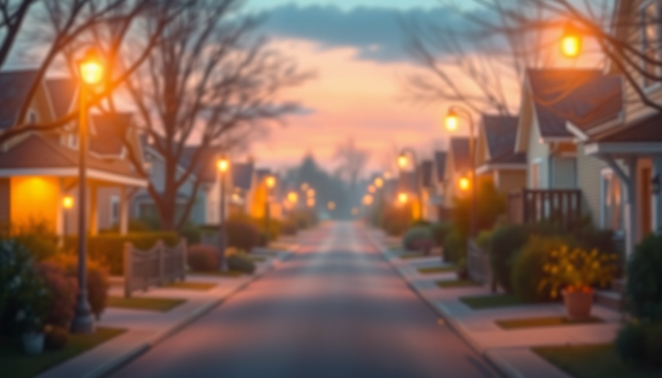 An abstract, impressionistic scene of a residential neighborhood at dusk, with warm, blurred lights creating a cozy, inviting atmosphere that evokes the community-focused nature of the short-term rental workshops.