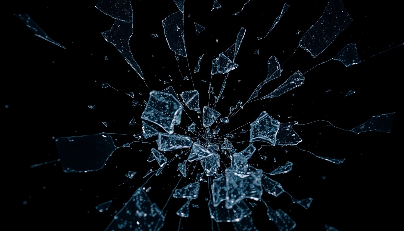 An extreme close-up photograph of shattered glass and twisted metal fragments, captured in high-contrast studio lighting to create a dark, moody, and violent visual metaphor for the destructive nature of the Homelander character.