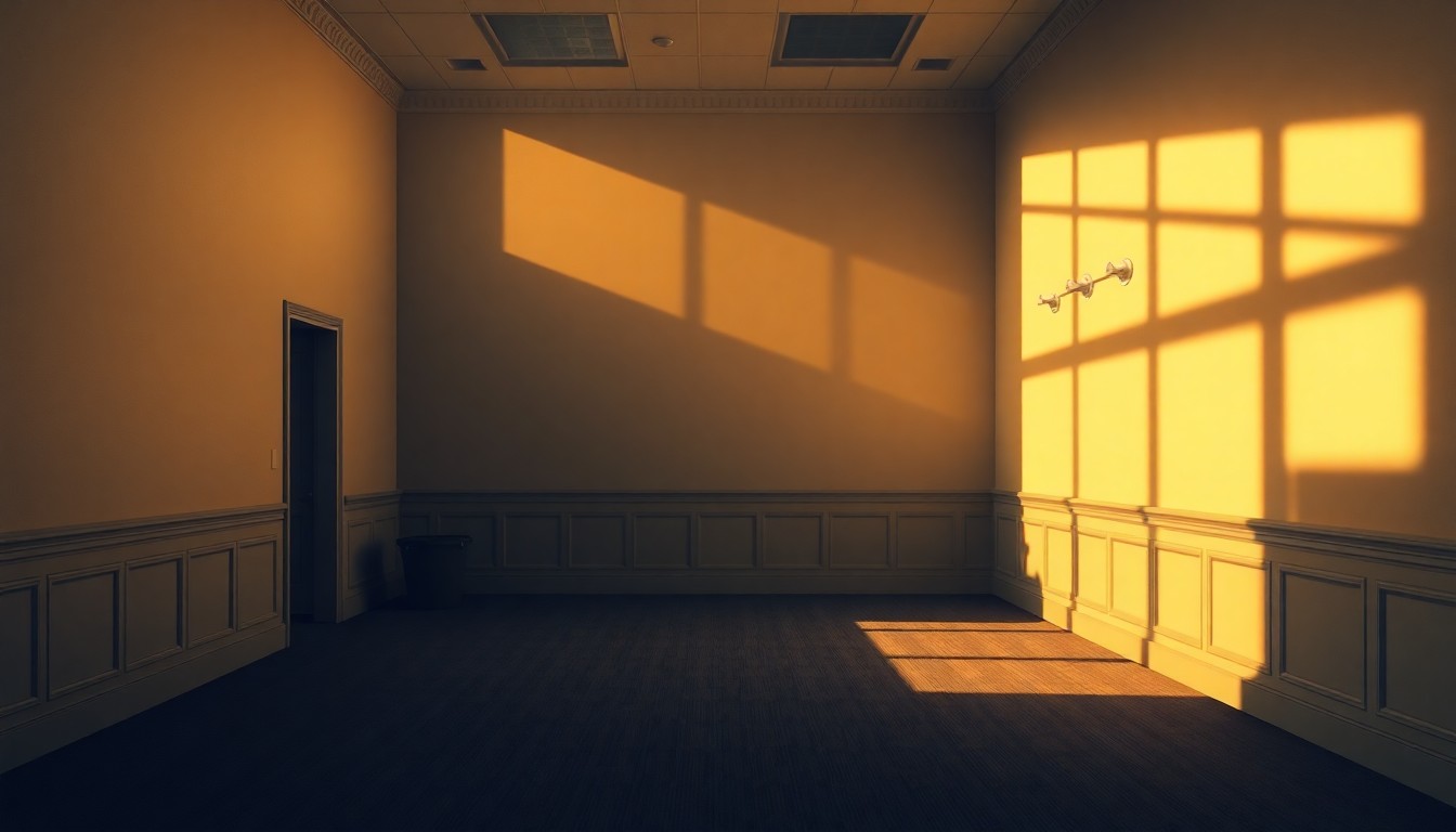 A dimly lit, cinematic painting of an empty government office space with a lone desk and chair, the room bathed in warm, diagonal sunlight and deep shadows, conceptually representing the transition and uncertainty surrounding the Federal Reserve's leadership.