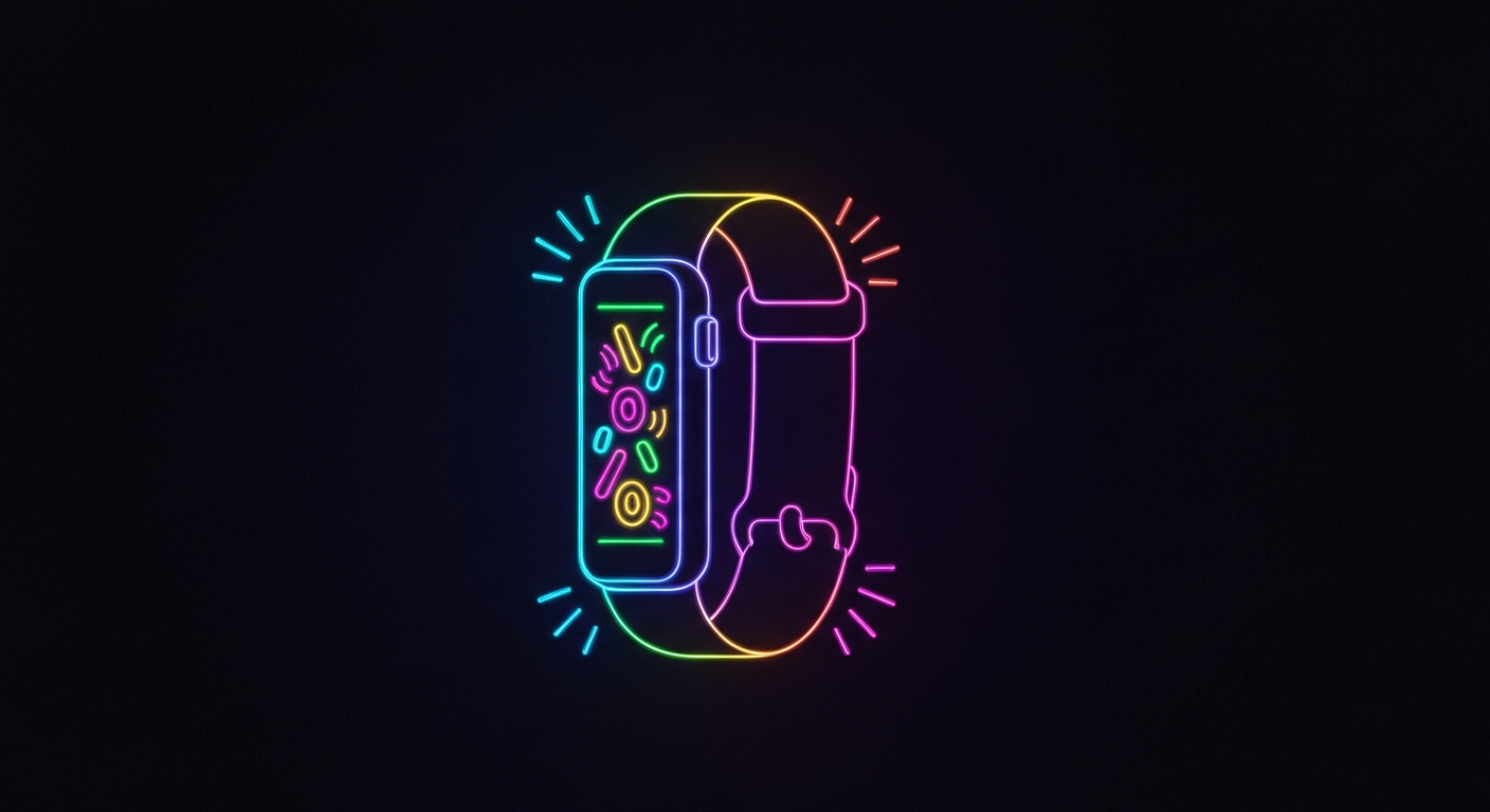 A minimalist illustration in the style of Keith Haring, depicting a smartwatch or fitness tracker defined by vibrant neon lines against a dark background, conveying the concept of health anxiety triggered by wearable technology.
