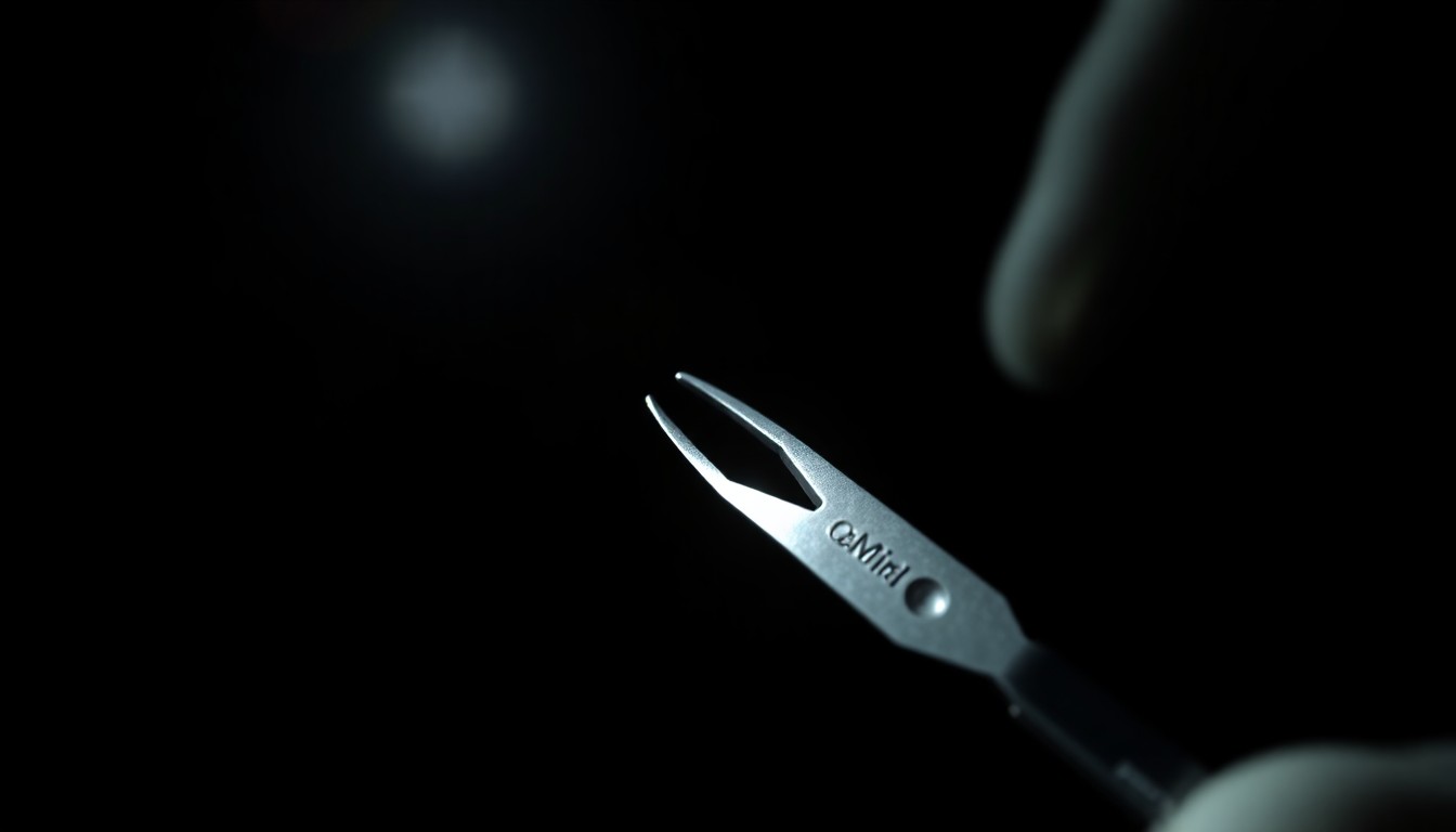 An extreme close-up of a surgical instrument, such as a scalpel or forceps, lit by a harsh, direct camera flash against a pitch-black background, creating a stark, gritty, investigative aesthetic that conceptually represents the serious nature of a medical error.