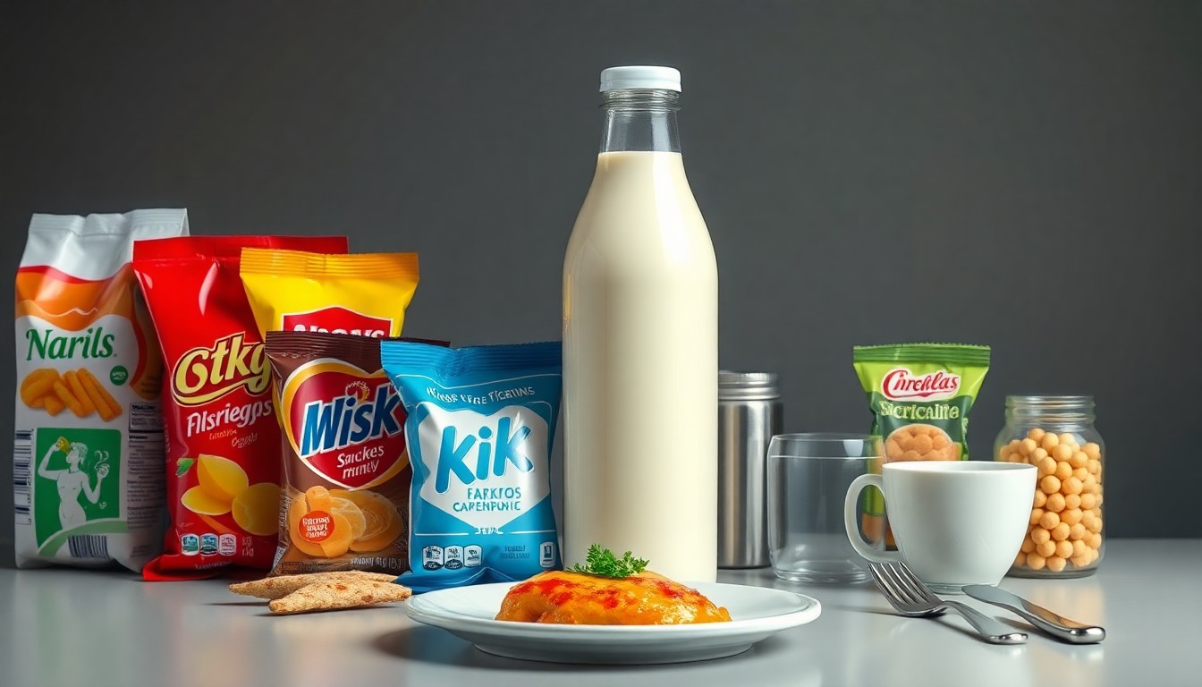 A high-end, photorealistic studio still-life featuring a collection of premium, polished objects representing the diverse business activities in Waco, including a gleaming milk bottle, colorful international snack packages, and a simple restaurant place setting.