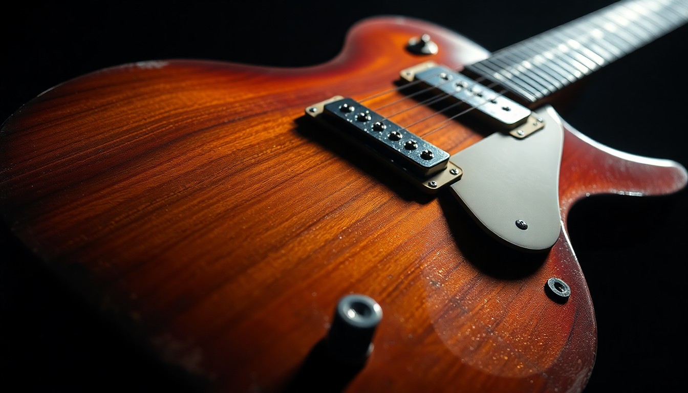 An extreme close-up photograph of the aged, weathered wood and metal hardware of a vintage electric guitar, captured in dramatic high-contrast studio lighting to create a sense of luxurious, high-fashion glamour.