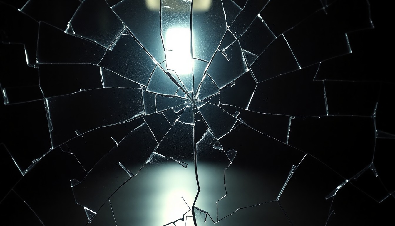 An abstract close-up photograph of a cracked, reflective surface with a faint, glowing light, conveying the high-stakes political drama at the heart of the film 'Brink of War'.