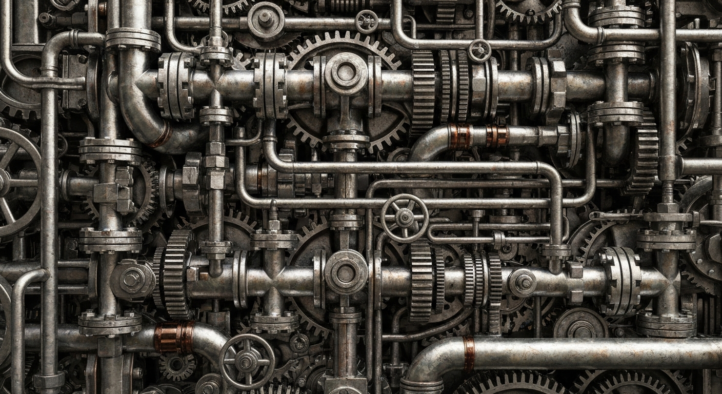 A cinematic close-up of an intricate network of industrial machinery, representing the complex inner workings of the global financial system, conveying a sense of power and resilience.