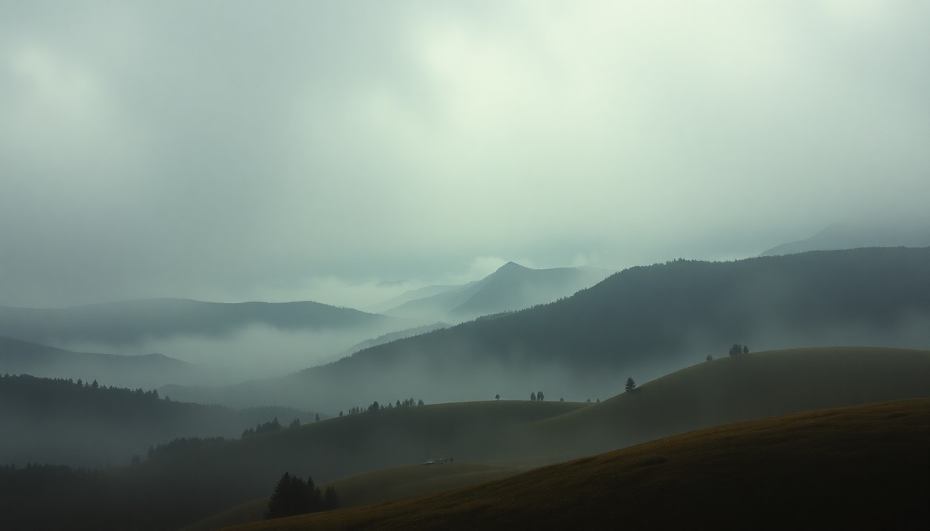 A sweeping, atmospheric landscape painting in muted tones of grey, blue, and green, with a thick, hazy fog obscuring the distant horizon and any signs of human presence, conveying the overwhelming scale and power of the natural environment.