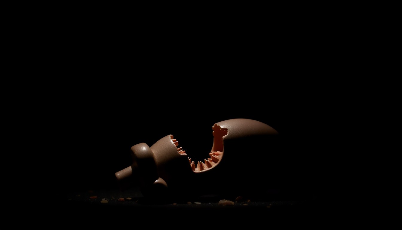 An extreme close-up photograph of a broken child's toy against a pitch-black background, conceptually representing the trauma of child sexual abuse.