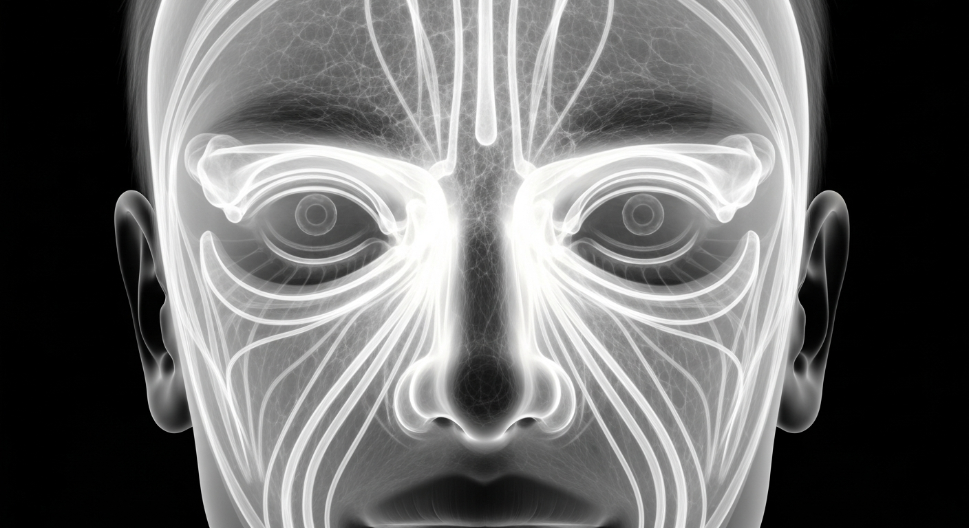 A translucent X-ray-style image showing the internal structure of a human face, with glowing lines highlighting the skin's texture and elasticity, conceptually representing a breakthrough nonsurgical skin rejuvenation treatment.