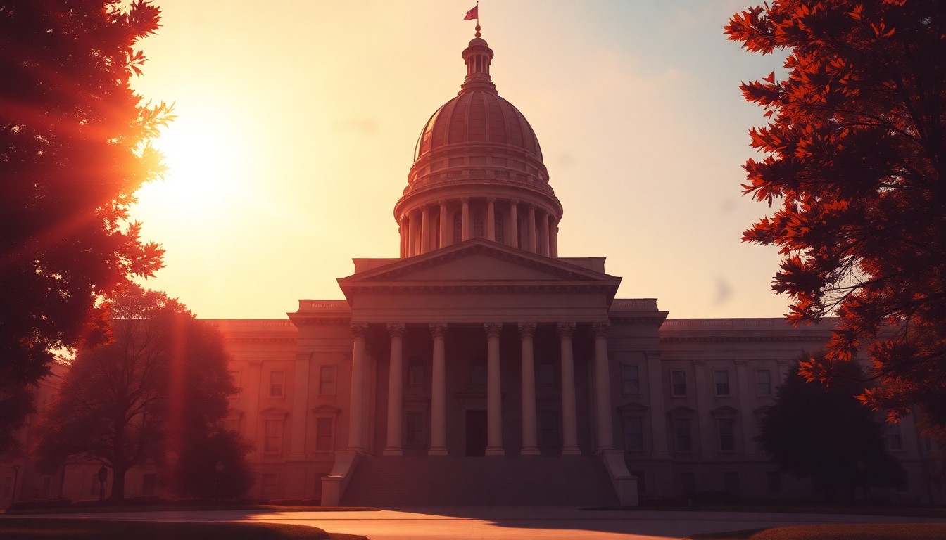 A photorealistic painting of the Alabama State Capitol building, with the structure bathed in warm, golden light and deep shadows, creating a sense of cinematic drama and transition.
