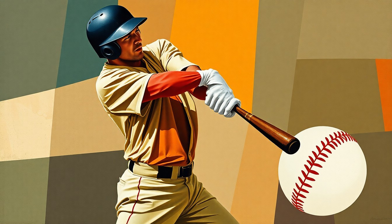 A cubist, geometric painting depicting a baseball player mid-swing, with the batter's body and the baseball itself fractured into sharp, overlapping planes of color, conceptually representing the explosive power and raw athleticism of the young Cardinals slugger.