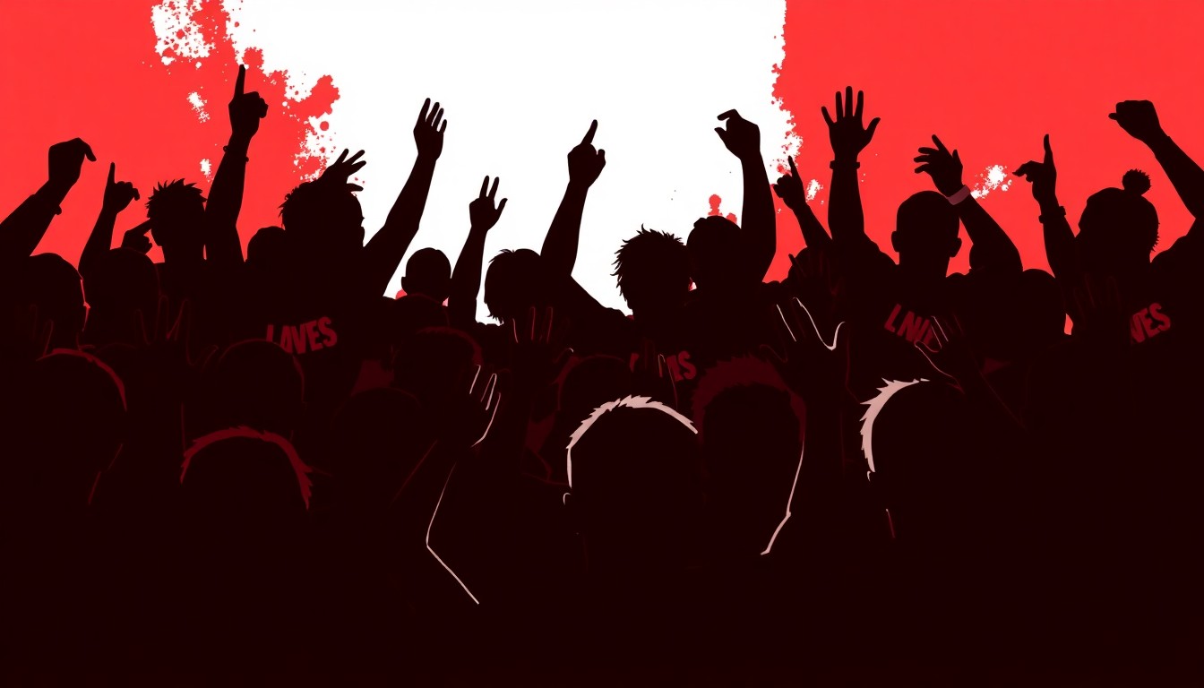 A striking abstract composition of jagged black silhouettes and bold red and white shapes, conceptually representing the passionate energy and community of music fans.