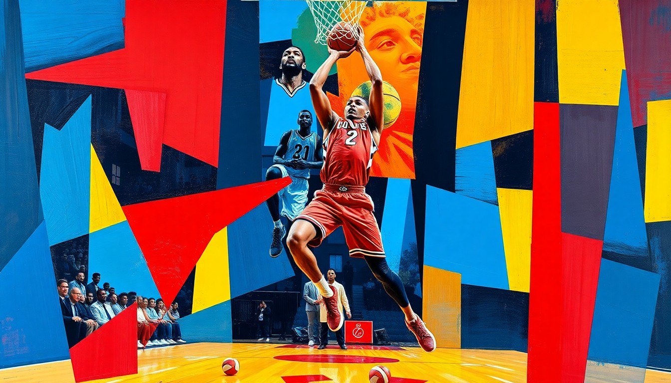 A cubist, geometric painting depicting a basketball player in motion, with sharp, overlapping planes of color representing the dynamic energy and athleticism of the young star.