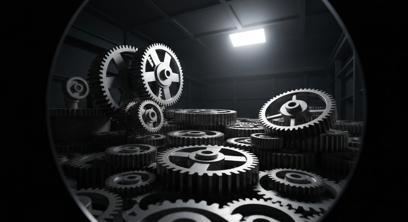 An extreme close-up of intricately designed metal gears and machinery, conceptually representing the complex financial infrastructure of the pharmaceutical industry.