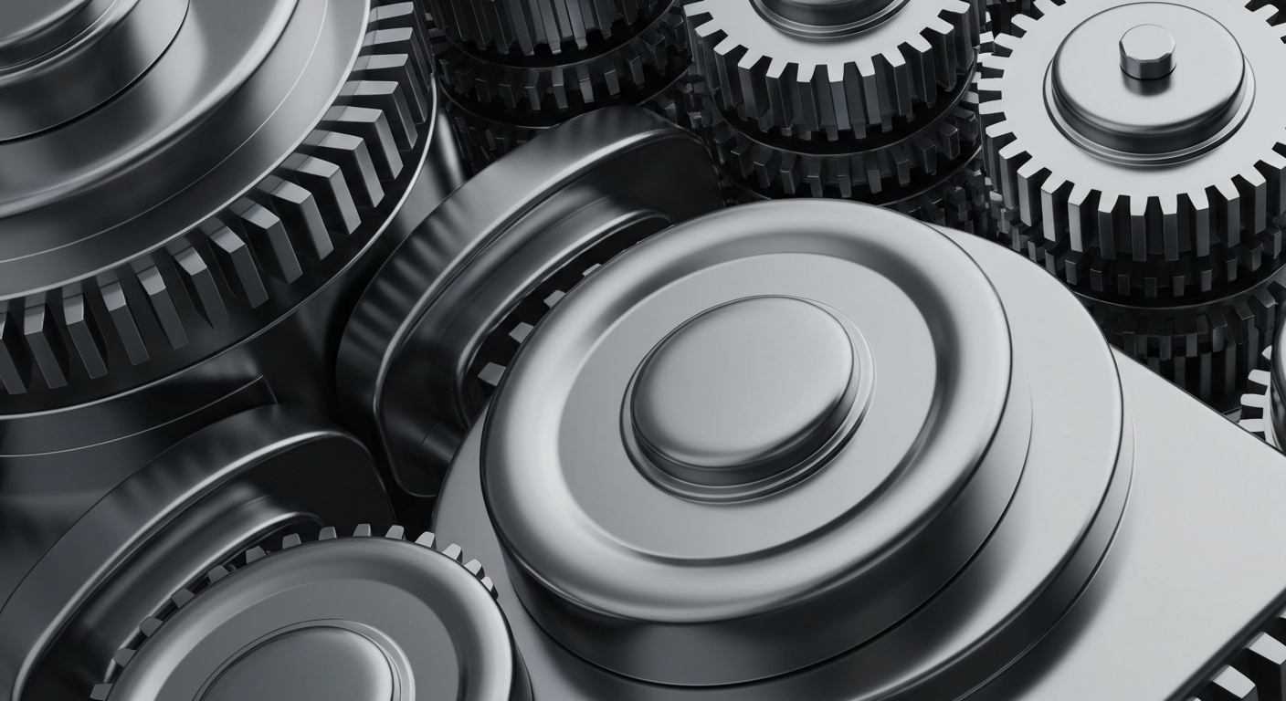 A highly detailed, cinematic close-up image of heavy, polished banking machinery and gears in shades of steel grey and chrome, conceptually representing the institutional infrastructure of finance and cryptocurrency markets.