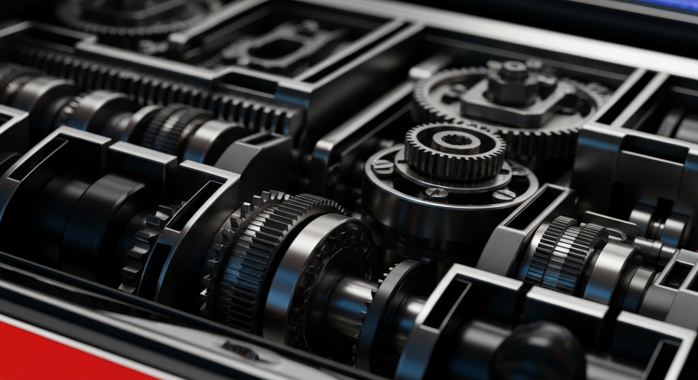 A highly detailed, black-and-white close-up image of the inner workings of a casino slot machine, with gears, levers, and other mechanical components filling the frame and conveying a sense of the industrial scale and precision behind the gaming industry.