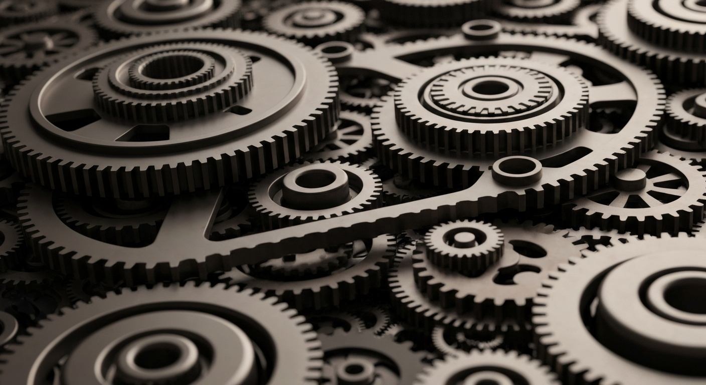 A highly detailed, cinematic close-up image of heavy, industrial machinery and gears in shades of steel grey, bronze, and black, representing the intricate financial infrastructure and technology that powers the semiconductor industry.