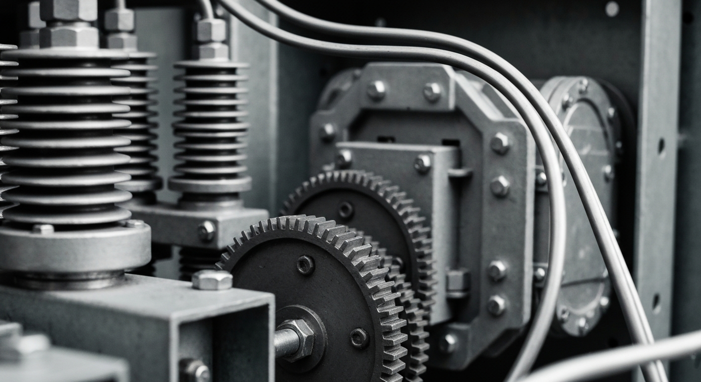 An extreme close-up photograph of the intricate machinery and components inside an industrial electrical substation, representing the complex infrastructure and operations of a major utility company.