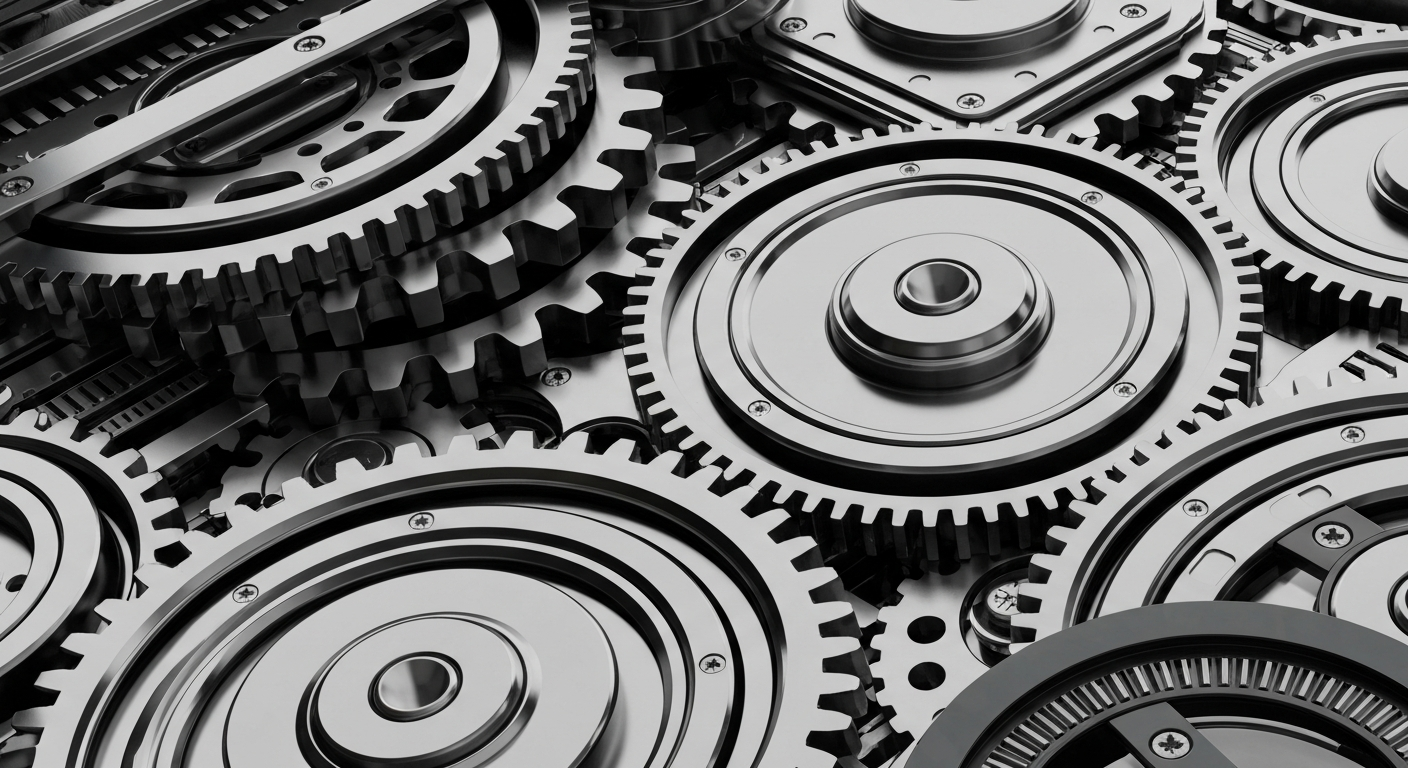 An extreme close-up of interlocking gears, metallic components, and data storage hardware in shades of silver, steel, and black, conceptually representing the industrial power and technological complexity of the data storage industry.