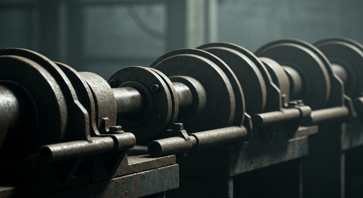 An extreme close-up of gears, levers, and other heavy industrial components of professional pest control equipment, conveying the tangible, mechanical nature of the business services industry.