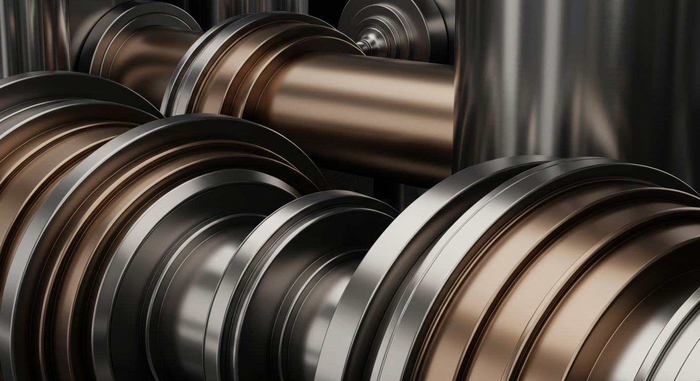 An extreme close-up of highly textured, gleaming industrial machinery and equipment in shades of steel, bronze, and chrome, conceptually representing the secure, powerful financial infrastructure of a major chemical corporation.