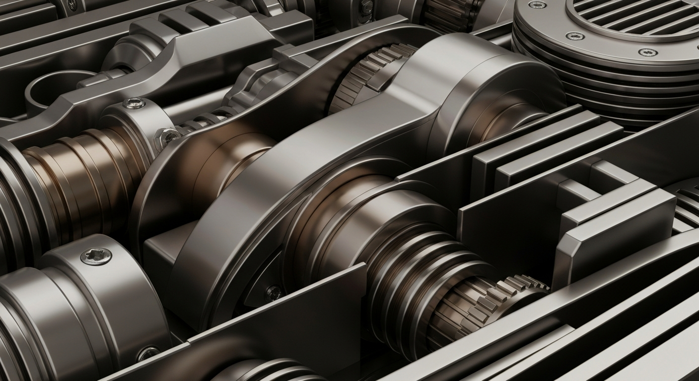 An extreme close-up of highly detailed, interlocking metal gears and components in a banking machine, conveying the complex inner workings of a major financial institution.