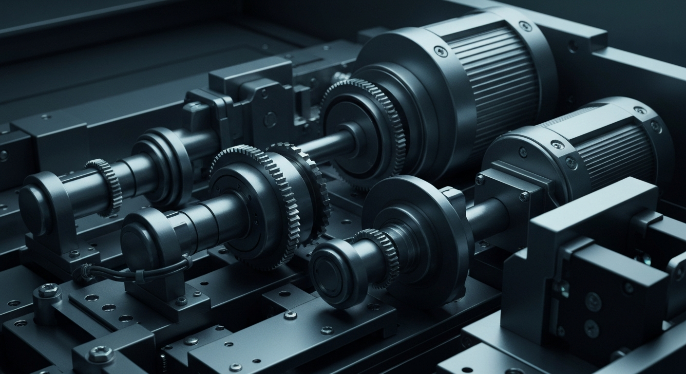 An extreme close-up of the complex mechanical and electronic components of an Applied Materials semiconductor manufacturing tool, captured in dramatic lighting to convey the industrial might and technological sophistication of the company's products.
