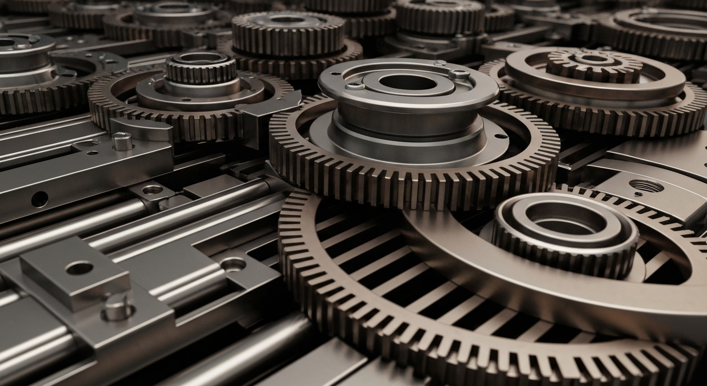 An extreme close-up of intricately engineered metal machinery and gears in shades of grey, bronze, and black, conceptually representing the complex, high-precision equipment used in semiconductor fabrication.