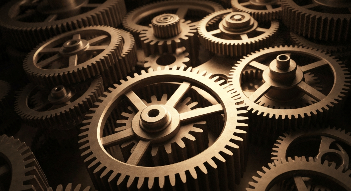 An extreme close-up of a complex array of metallic gears, cogs, and machinery, representing the intricate computational and experimental processes behind Relay Therapeutics' innovative drug discovery platform.