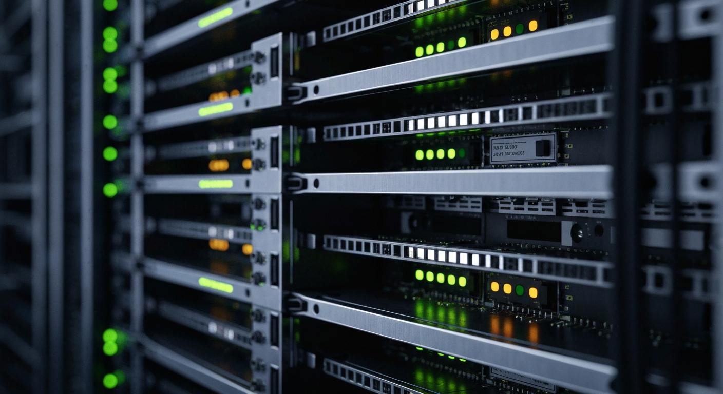 A highly detailed, cinematic macro photograph of the inner components of a data server rack, with intricate metal parts and glowing indicator lights, conceptually representing the complex financial infrastructure behind ZoomInfo's data analytics software.