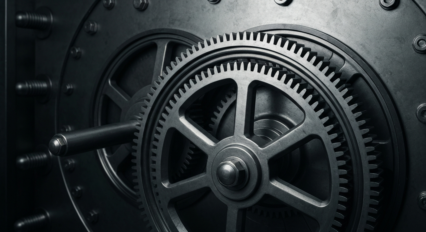 An extreme close-up of the intricate inner workings of a banking vault, with gears, levers, and polished metal surfaces conveying a sense of institutional financial power and security.
