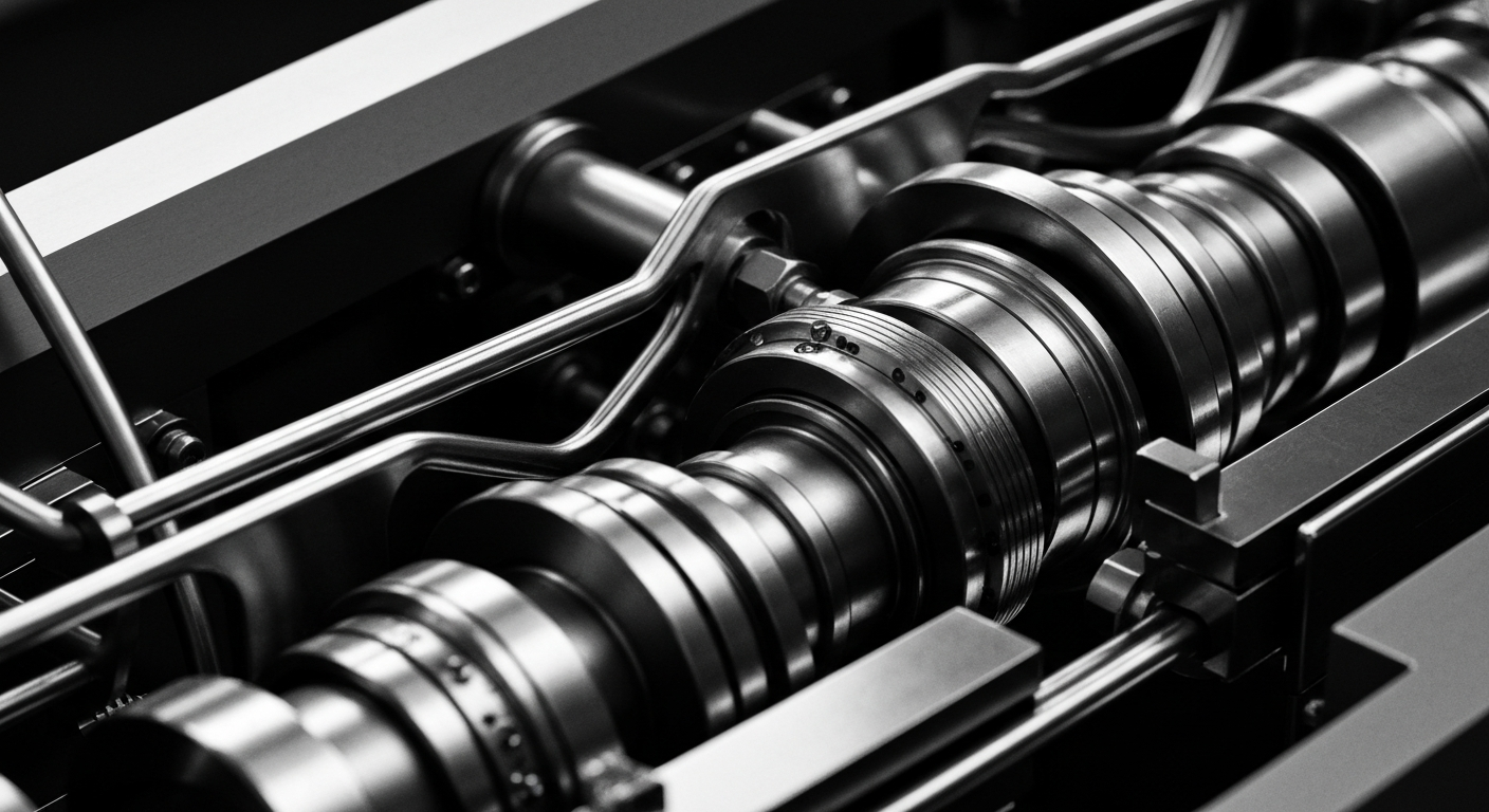 A high-contrast, black and white close-up image of the intricate mechanical components of a pharmaceutical device, conveying the technical sophistication of rare disease therapies.