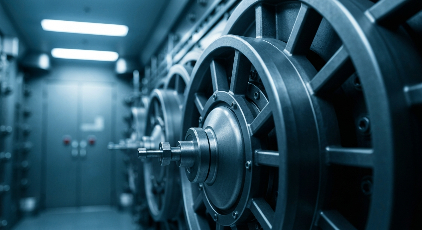 An extreme close-up of the intricate machinery and mechanisms inside a bank vault, conveying a sense of the powerful, industrial forces at work in the financial sector.