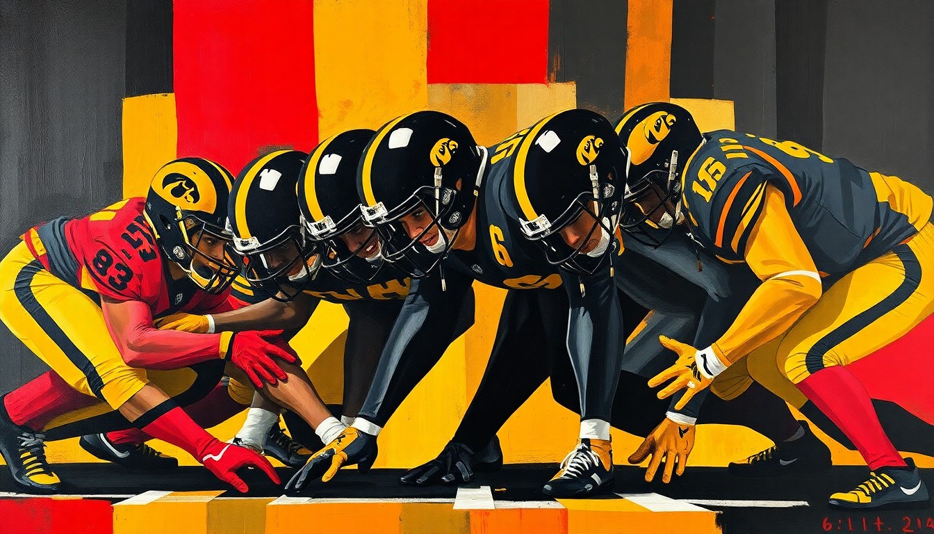 A cubist, geometric painting depicting an Iowa football offensive line, with sharp, overlapping planes of black, gold, and crimson colors representing the raw power and movement of the players.
