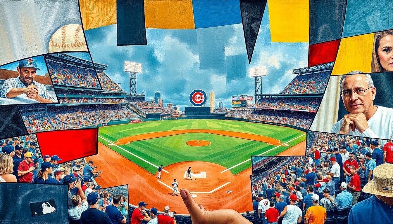 A fragmented, geometric painting depicting a baseball game or match between the Chicago Cubs and Philadelphia Phillies, with sharp, overlapping shapes and planes representing the dynamic action on the field.