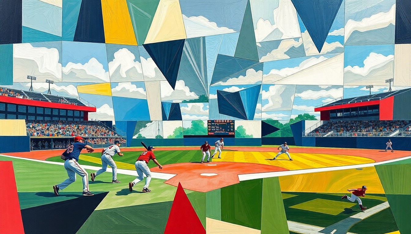 A fractured, geometric painting depicting the dynamic movements and energy of a high school baseball game, with players and the field broken down into abstract shapes and planes of color.