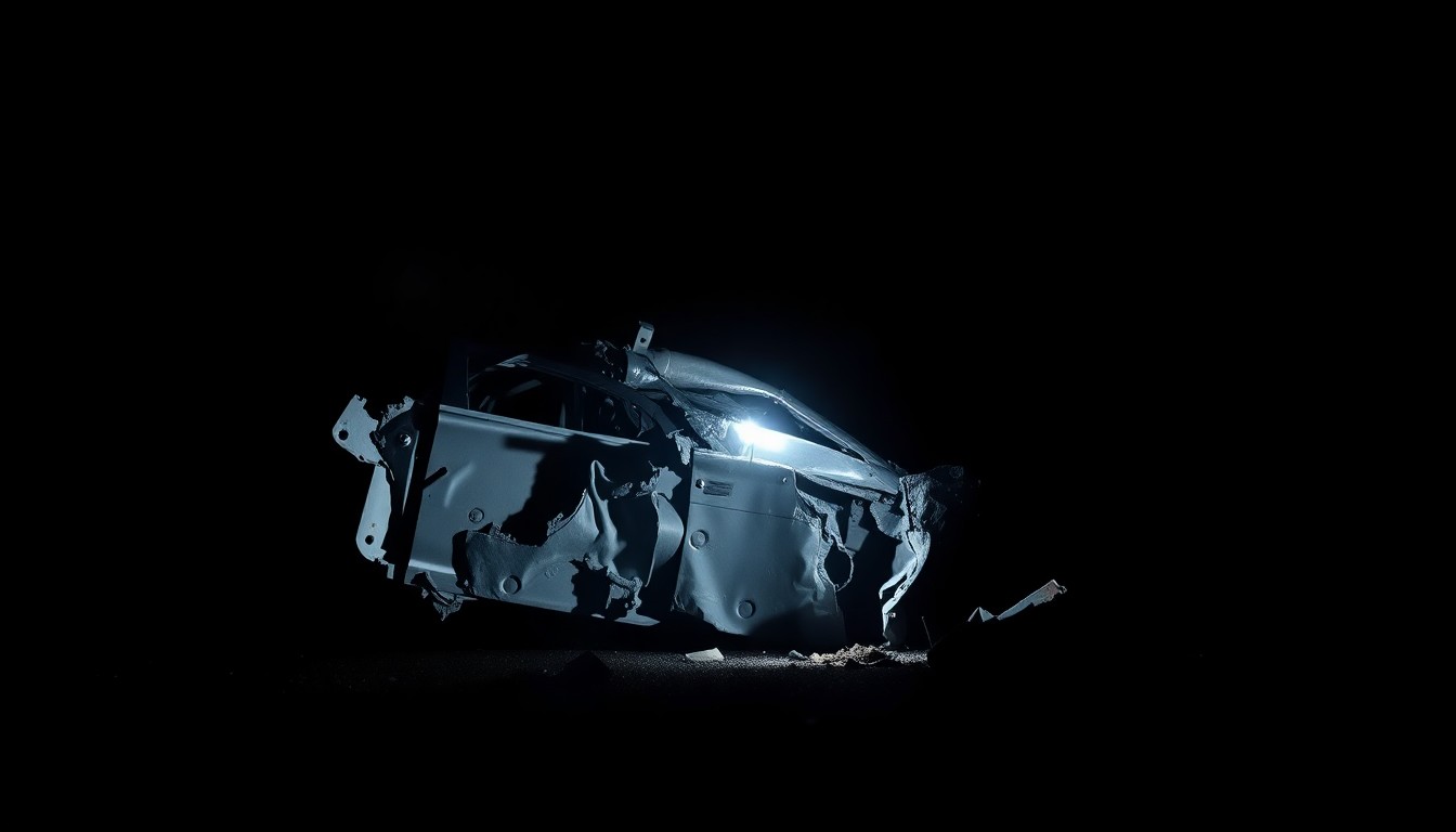 An extreme close-up photograph of a twisted, damaged car part against a pitch-black background, conceptually illustrating the aftermath of a serious highway accident.