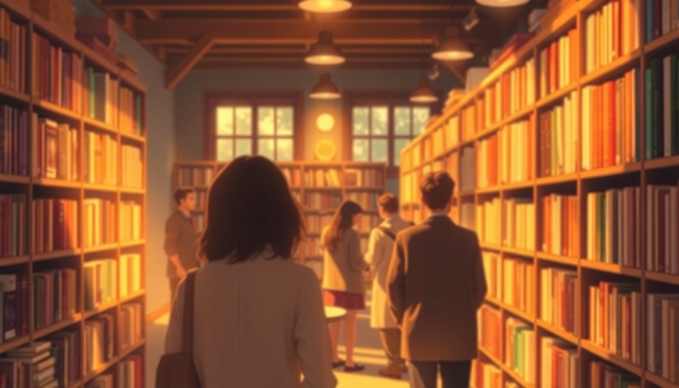 An abstract, out-of-focus photograph of people browsing bookshelves in a warm, inviting library setting, conveying a sense of community and discovery.