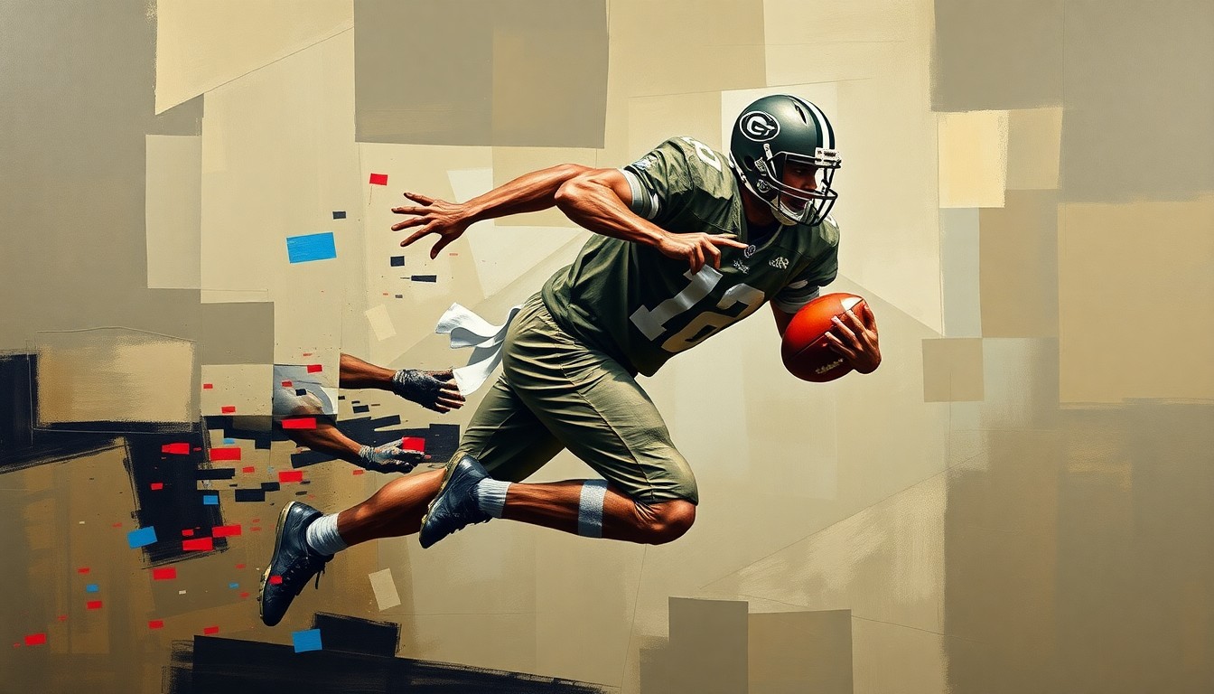 A cubist, geometric painting depicting a football player's body fractured into overlapping planes of muted earth tones with flashes of bright color, conceptually representing the devastating injury that ended a former first-round draft pick's comeback attempt.
