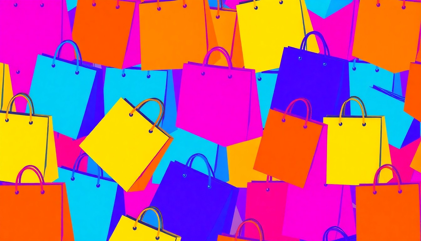 A vibrant, high-contrast silkscreen print featuring a repeated pattern of a stylized shopping bag or other iconic retail item in a grid of neon colors, conceptually representing the growth and energy of a new shopping destination.