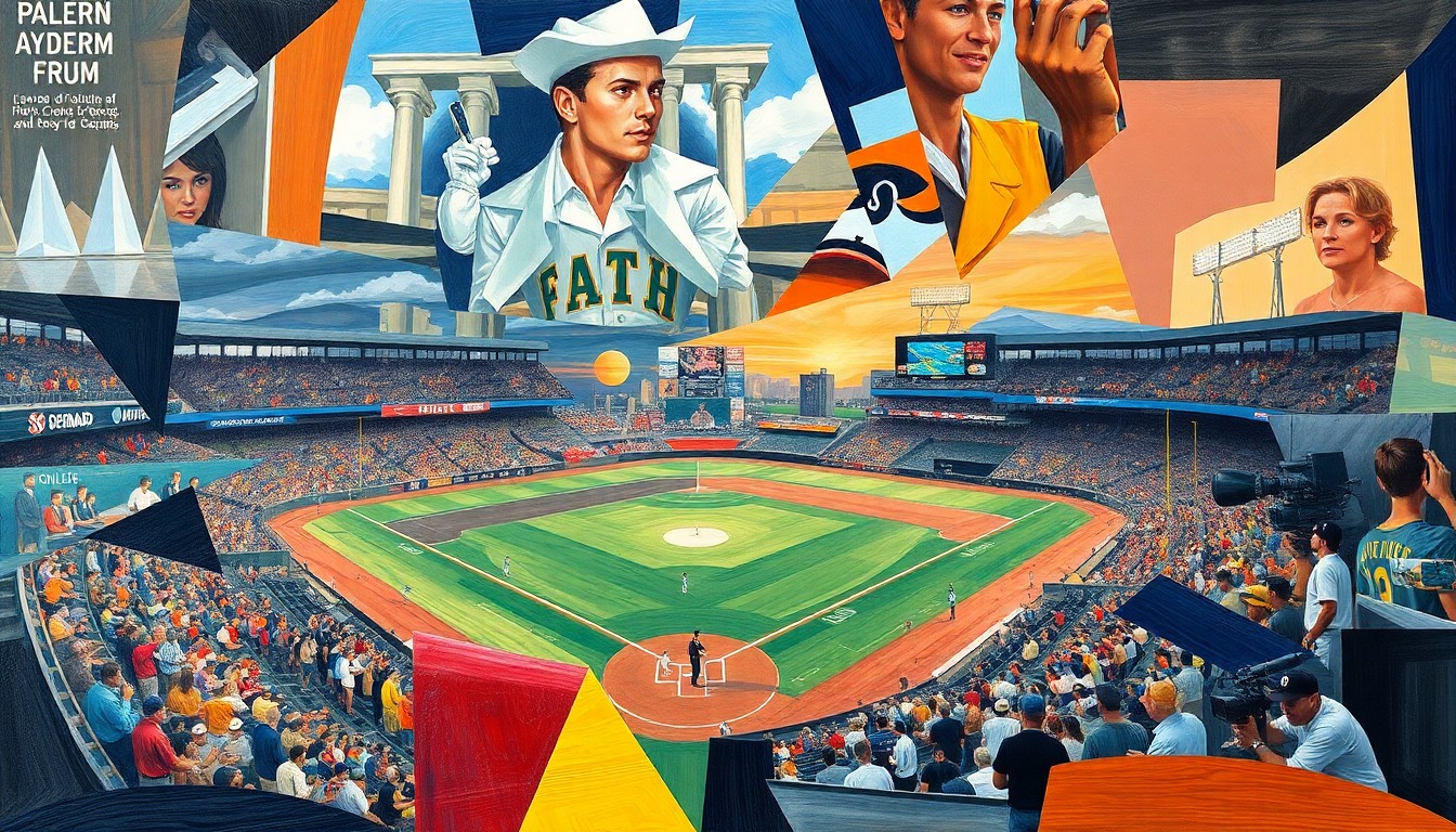 A cubist-style painting depicting a fragmented, geometric representation of a college baseball game, conveying the struggles Clemson's pitching staff has faced this season.