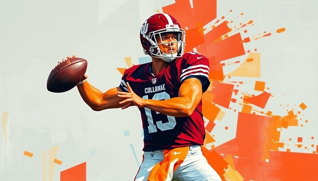 A cubist, geometric painting depicting an abstract quarterback figure in motion, with overlapping planes of crimson, orange, and navy blue representing the dynamic action of a passing play.