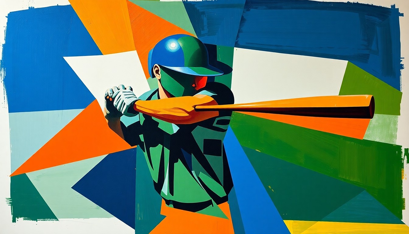 A cubist, geometric painting depicting a deconstructed baseball swing, with sharp, overlapping planes in vibrant navy, green, and orange colors, conveying the innovative technology behind the 9 STRAP product.