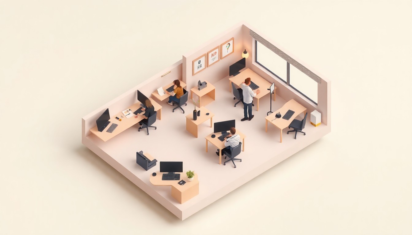 A miniature, stylized 3D digital illustration of a co-working space filled with small figures representing veteran entrepreneurs collaborating, conceptually representing the supportive environment of the PenFed Foundation's incubator program.