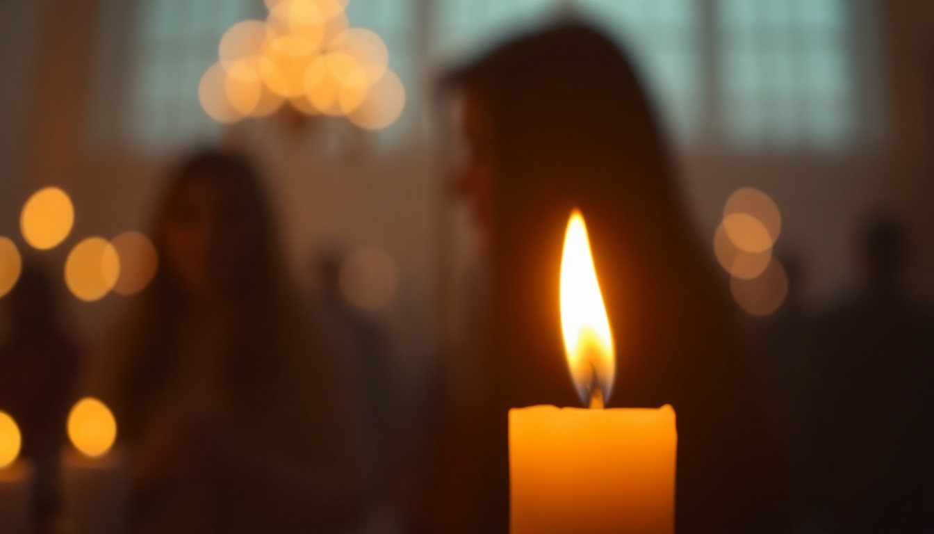 An abstract, impressionistic photograph of a single candle flame casting a warm, golden glow on blurred figures in the background, conveying a sense of reverence and remembrance.